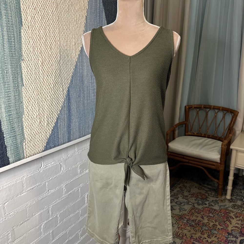 Loft Green Horizontal Ribbed Tank Top with Front Tie - Picture 2 of 9